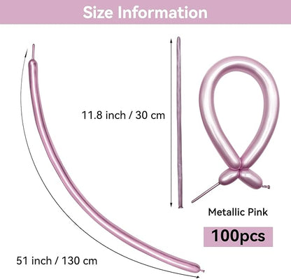 Metallic Pink Long Balloons Premium 260 Twisting Animals Magic Balloons for Birthday Kids Wedding Party Supply 100pcs