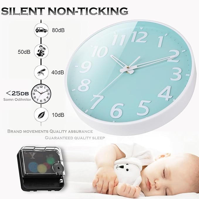 Wall Clock 12 Inch 3D Large Number Battery Operated Silent Non-Ticking Wall Clock Modern Quartz Design Decorative Indoor Bedroom Kitchen Office Classroom Mint Green