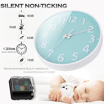 Wall Clock 12 Inch 3D Large Number Battery Operated Silent Non-Ticking Wall Clock Modern Quartz Design Decorative Indoor Bedroom Kitchen Office Classroom Mint Green