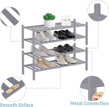 RONGJlA 4 Tier Bamboo Shoe Rack for Closet Free Standing Wood Shoe Shelf Storage Organizer for Entryway Small Space Stackable, Gray