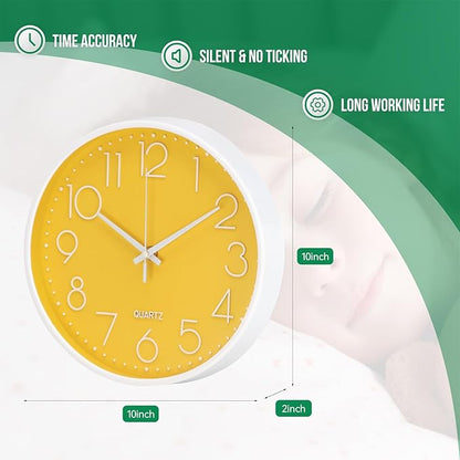 Wall Clock 10 Inch Non-Ticking Silent Modern Simple Style Round Decor Clock Yellow Stereoscopic Dial Quartz Wall Clocks for Home/Office/School/Living Room/Bedroom/Kitchen