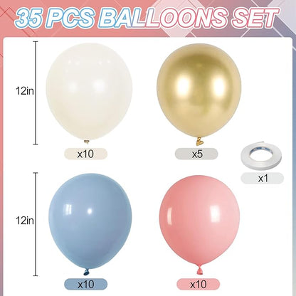 Gender Reveal Balloons, 12 Inch Dusty Pink Blue White Sand and Gold Balloons for Boho Neutral Baby Shower Birthday Party Boy or Girl Gender Reveal Decorations