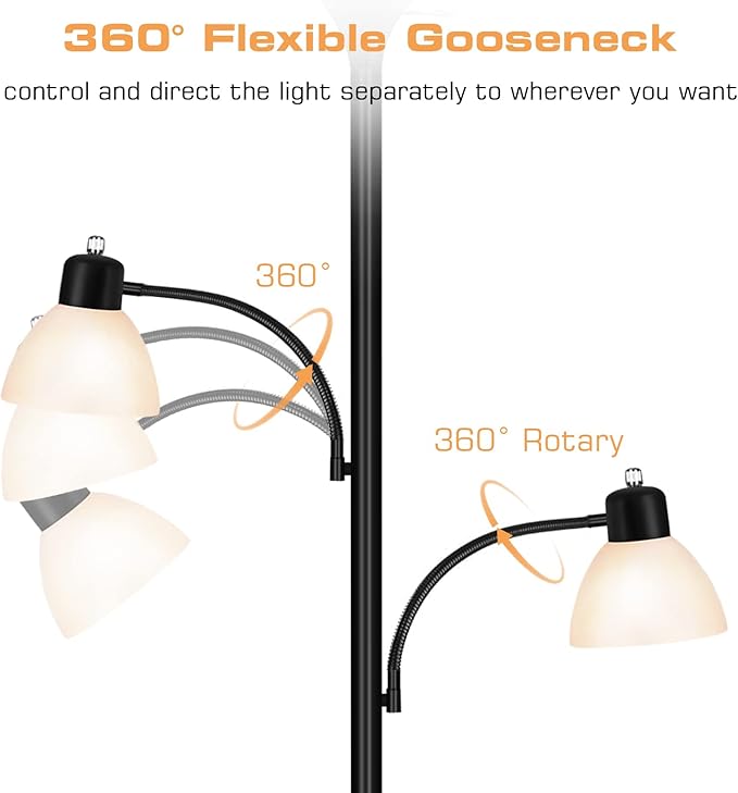 Luvkczc Floor Lamps for Living Room, 72" Tall Torchiere Floor Lamp with 8W Adjustable Reading Lights, Industrial Lamps for Living Room, Bedroom, Office, Black Tree Floor Lamp, 3 Bulbs Included