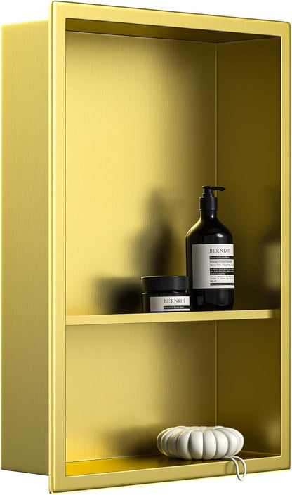 Stainless Steel Shower Niche 18" X 12" Gold No Tile Needed Vertical Niche Shower with Two- Tier Shelves Recessed Wall Niches for Bathroom Storage Over Mount Installation