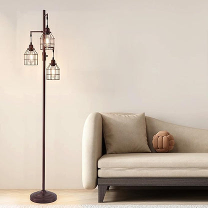 9MMML Floor Lamp for Living Room, Farmhouse Industrial Dimmable Floor lamp, 3 Lights Metal Cage Tree Standing Lamp,68", 3Pcs LED Bulbs Included