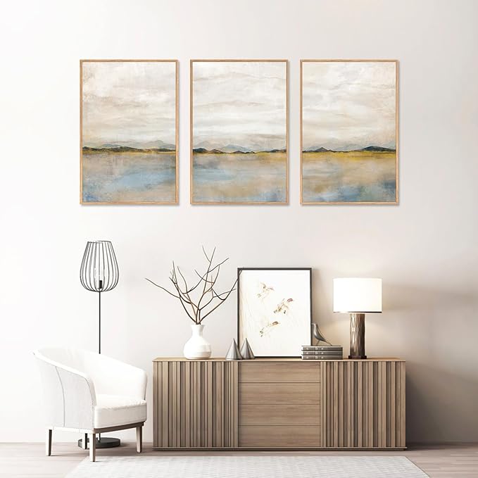 HLNIUC Large Abstract 3 Piece Wall Art 16x24, Neutral Distant Mountain Wall Decor, Watercolor Beige Dusty Nature Landscape Painting, Modern Pastel Scenery Art Prints for Living Room, Bedroom, Office