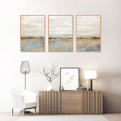 HLNIUC Large Abstract 3 Piece Wall Art 16x24, Neutral Distant Mountain Wall Decor, Watercolor Beige Dusty Nature Landscape Painting, Modern Pastel Scenery Art Prints for Living Room, Bedroom, Office
