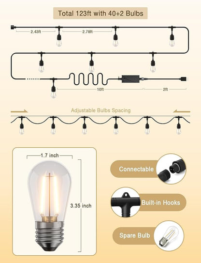 XMCOSY+ Smart Outdoor String Lights, 123Ft LED Patio Lights Waterproof IP65, App Control, Compatible with Alexa, Dimmable Edison Bulbs Outdoor Light for Yard Porch Bistro Outside