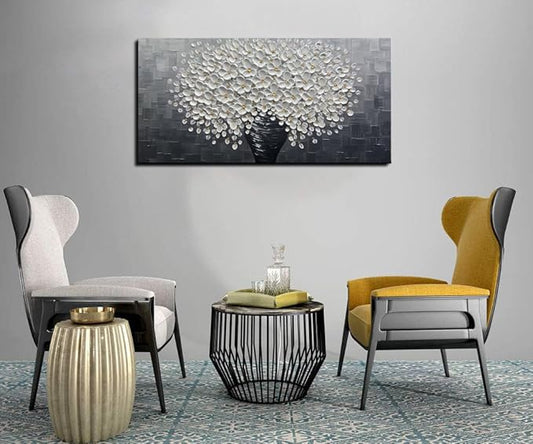 YaSheng Art - White Flower Oil Painting on Canvas 3D Thick Texture Black and White Floral Vase Canvas Wall Art Modern Abstract Art Home Bedroom, Dining Room, Living Room, Office Wall Decor 24x48inch