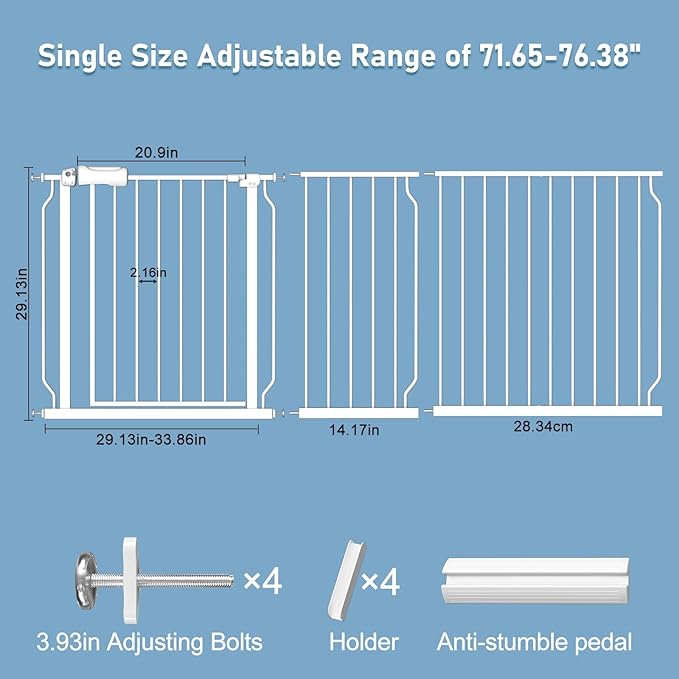 ALLAIBB Extra Wide Baby Gate Pressure Mount Auto Close White Metal Child Dog Pet Safety Gates with Walk Through for Stairs,Doorways,Kitchen and Living Room(71.65-76.38"/182-194cm)