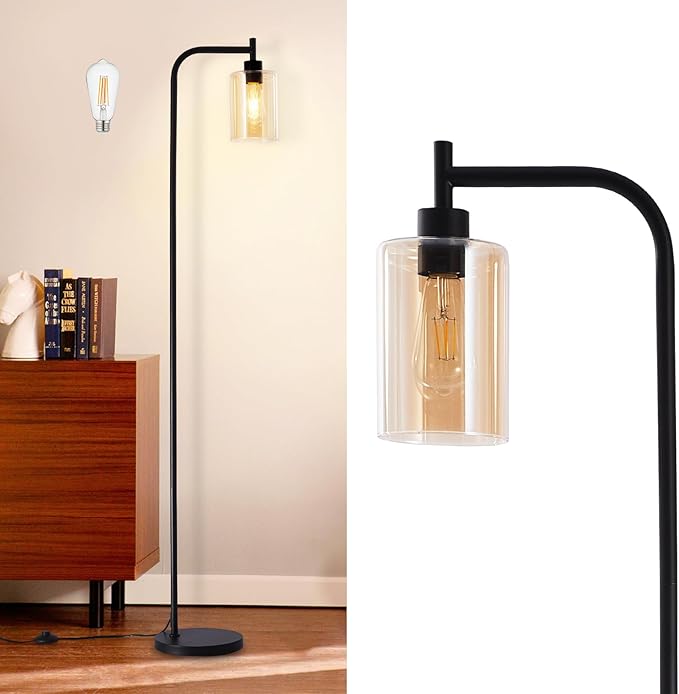 DLLT Floor Lamp Tall for Room: Black Standing Lamp with Amber Glass Lampshade for Living Room - Modern Bright Lamp for Bedroom - Industrial Corner Floor Lamps for Office 8W Led Bulb Included