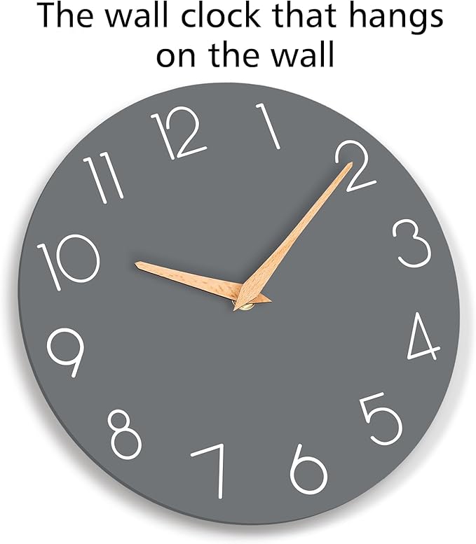 Wall Clock, 12 Inch Wooden Silent Non-Ticking, Decorative Battery Operated Wall Clocks for Bedroom, Kitchen, Home, Living Room, Office, School, Hotel (Gray)