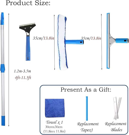 Extendable Telescopic Window Cleaning Pole - 21ft Stainless Steel Squeegee with Microfiber Scrubber(3.6-5.5m)