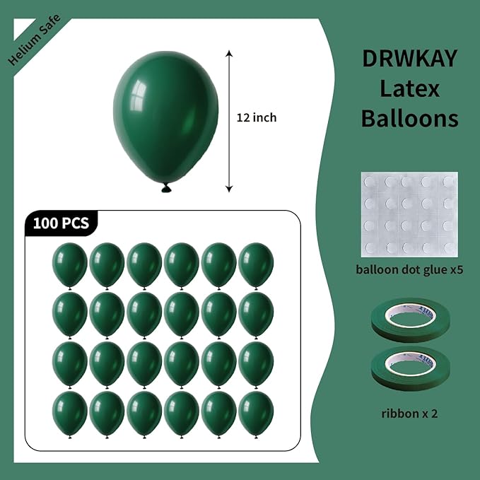 Green Balloons 100 Pack, 12 Inch Latex Helium Dark Green Balloons Garland for Elegant Birthday Wedding Baby Shower Graduation Arch Party Decorations