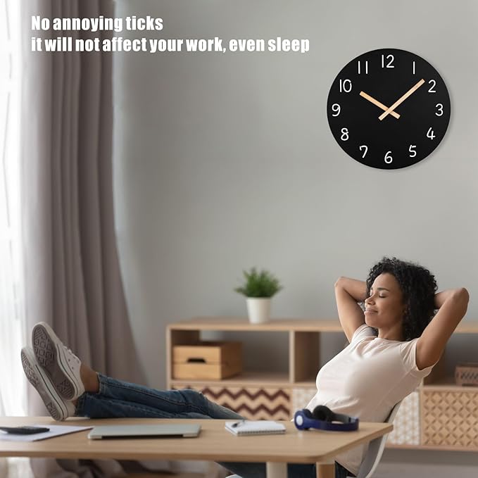 Plumeet 16'' Extra Large Wall Clock Frameless Wooden Clocks with Silent Quartz Movement - Modern Style Village Wall Clocks Decorative Home Kitchen - Battery Operated (Black)