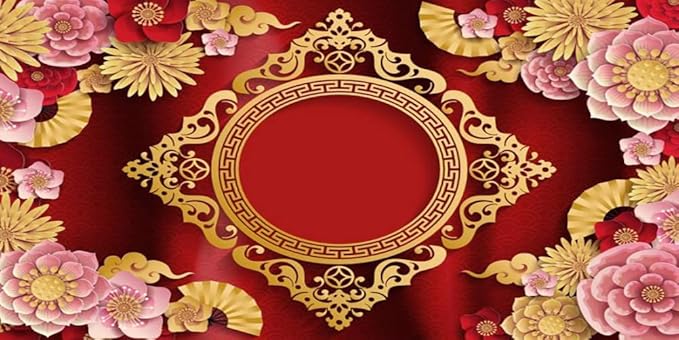 AOFOTO 15x8ft Chinese New Year Backdrop Red and Gold Paper-cuts Floral Lucky Clouds Traditional Spring Festival Asian Lunar New Year Background Room Decoration Banner Kid Portrait Photo Shoot Props