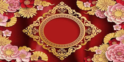 AOFOTO 15x8ft Chinese New Year Backdrop Red and Gold Paper-cuts Floral Lucky Clouds Traditional Spring Festival Asian Lunar New Year Background Room Decoration Banner Kid Portrait Photo Shoot Props