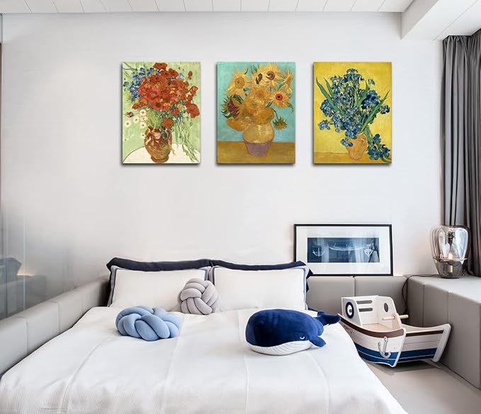 3 Piece Sunflowers- Irises Flower Vase Vincent Van Gogh Paintings, Classic Canvas Prints Wall Art for Home Decor 16"x24"