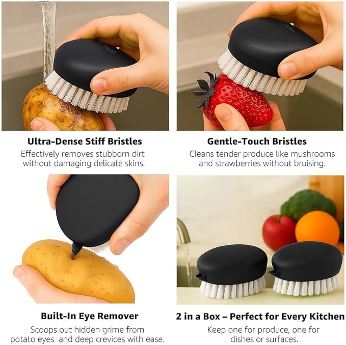 Professional Veggie Brush – Heavy Duty Root & Leafy Vegetable Cleaner , Dual-Action Potato Scrubber & Fruit and Vegetable Brush , Your Home Essentials (Black 2-Pack)