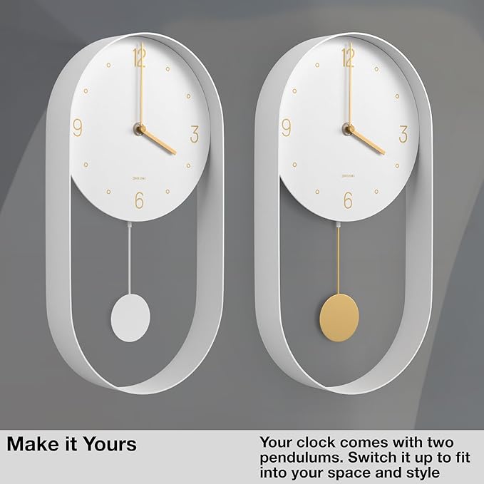 Driini Modern Pendulum Wall Clock - Decorative and Unique Metal Frame, with 8 Inch Face - Contemporary, Minimalist Design, with Silent Non Ticking Operation - Includes Both White and Gold Pendelum