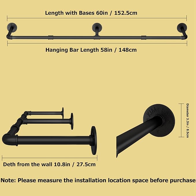Wall Mounted Clothes Rack 60in, Industrial Pipe Clothing Racks Wall Mount, Heavy Duty Detachable Iron Garment Bar, Saving Space, Multi-Purpose Hanging Rod for Bedroom, Laundry Room, 1 Pack