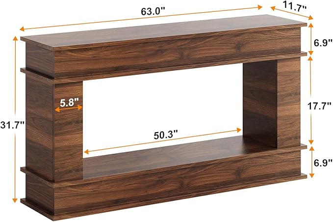 63 Inches Large Console Table, 2-Tier Entryway Table, Narrow Long Sofa Table Behind Couch, Bamboo-like Design, Heavy Duty Base, Farmhouse Wood Accent Decor for Living Room, Hallway, Foyer (Walnut)