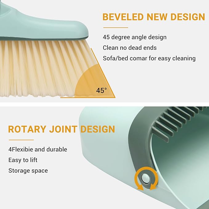 Broom and Dustpan Set,Long Handle Broom and Dustpan Set,Broom with Stand Up Dustpan Combo Set,for Home, Office, Lobby(Coffce)