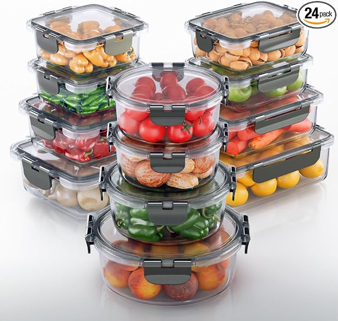 KITCHEN SHOPPE 24-Piece Glass Food Storage Containers with Hinged Lock Lids | Airtight Containers for Meal Prep, Lunch or Leftovers | Oven/Freezer & Dishwasher Safe | Glass Tupperware Set