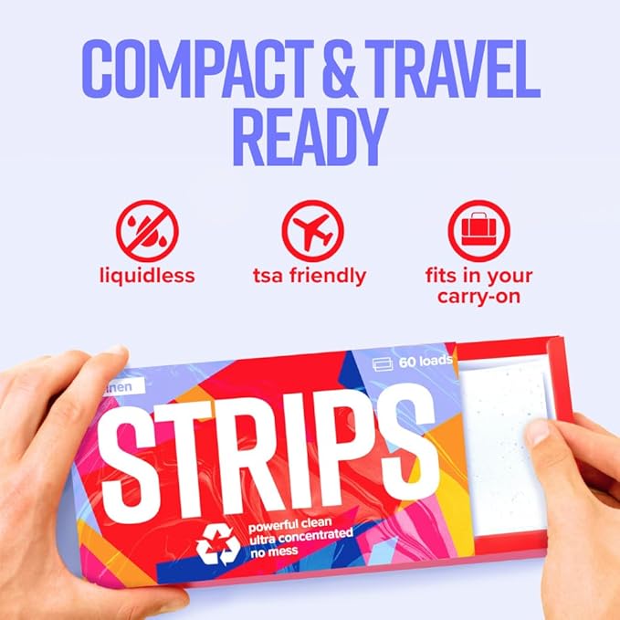 STRIPS Laundry Detergent Sheets Fresh Linen Scented (30ct, 60 loads) Eco Liquidless Soap, Travel-Friendly, Dissolves in Hot & Cold, Hypoallergenic, Tackles Tough Stains & Odors