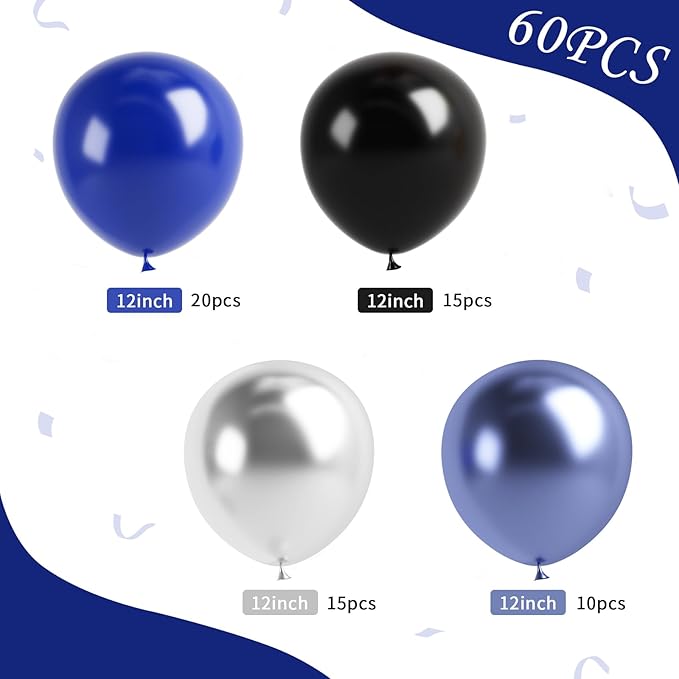 Dark Blue and Black Balloon, 60 Pcs 12 Inches Navy Blue and Metallic Silver Balloons for Kids Adults Birthday Space Party Wedding Baby Shower