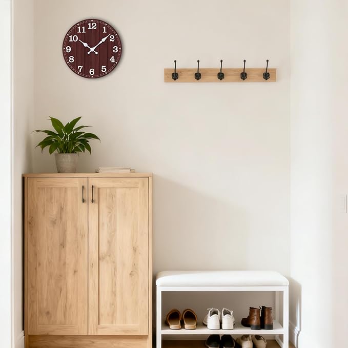 Wall Clock Battery Operated 8 Inch Brown Silent Non Ticking Country Rustic Design Vintage Retro Decorative for Bathroom Kitchen Bedroom