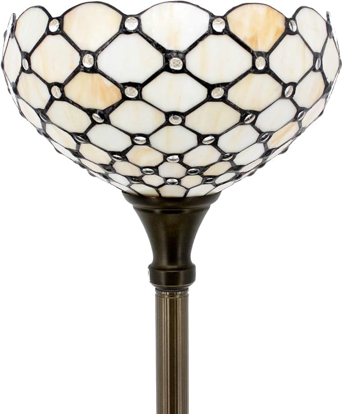 WERFACTORY Tiffany Floor Lamp Cream Amber Stained Glass Bead Light 12X12X71 Inches Pole Torchiere Standing Corner Torch Uplight Decor Bedroom Living Room Home Office (LED Bulb Included) S005 Series