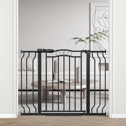 Fairy Baby 29.5"-43.7" Extra Wide Baby Gate for Stairs, Pressure Mounted Dog Gate for Doorways, Auto Close Metal Pet Gate with Arch Design for Puppy, No Drill Child Gate with Walk Thru Door, Black