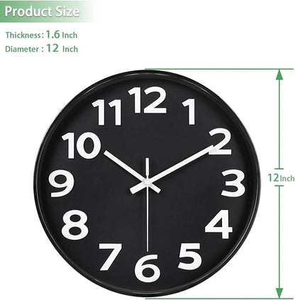45MinST 12 Inch 3D Number Dial Face Modern Indoor Outdoor Clock, Silent Non-Ticking Round Home Decor Wall Clock with Arabic Numerals (Black)