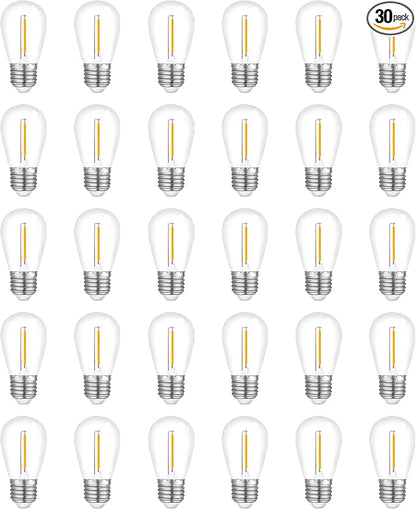 30-Pack LED Outdoor String Light Bulbs, Waterproof S14 Replacement Bulb, E26 Base, 1W 120V, 2700K Warm White