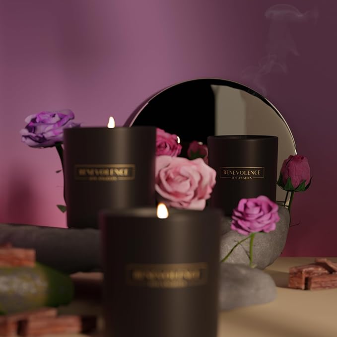 Benevolence LA Rose & Sandalwood Scented Candle | Soy Candles, Black Candle for Home | Gifts for Women and Men | Home Fragrance | Aromatherapy | 8oz, 45 Hour Burn