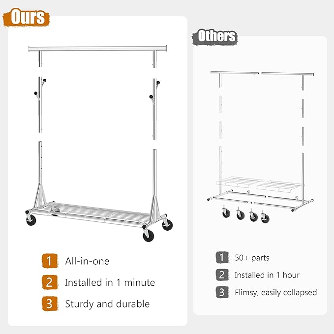 Heavy Duty Clothes Rack Load 530 LBS Metal Clothing Garment Rack Hang 200 pieces of clothing on Wheels Collapsible Rolling Portable & Adjustable with Hook for Hanging Clothes
