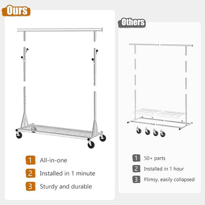 Heavy Duty Clothes Rack Load 530 LBS Metal Clothing Garment Rack Hang 200 pieces of clothing on Wheels Collapsible Rolling Portable & Adjustable with Hook for Hanging Clothes