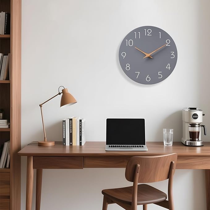 Mosewa Wall Clock Silent Non Ticking Decorative for Kitchen Bedroom Bathroom Office Living Room Battery Operated 10 Inch Gray Wood Modern Simple