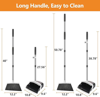 Broom and Dustpan Set, Heavy Duty Dust Pan with Long Handle 51 Inch Broom with Dustpan Combo Set Upright Self-Cleaning Dust Pan Home Kitchen Lobby Indoor Outdoor Sweeping Cleaning Tool - Gray