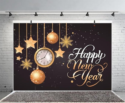 Leyiyi 10x6.5ft Happy New Year Backdrop Gold Clock Snowflake Vintage Eve Party Bokeh Halo Banner Glitter Sequin Luxury Star Photo Background Merry Christmas Portrait Shoot Vinyl Studio Props