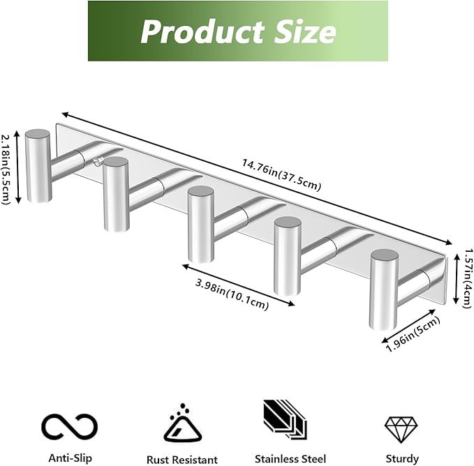 Wall Mounted Coat Rack-5 Hooks, Heavy Duty Stainless Steel Wall Hooks for Towel Coat Bag, Hat Rack Coat Hanger Coat Hooks Towel Racks for Bathroom Entryway Kitchen Hotel (Glossy, 1 Pack)