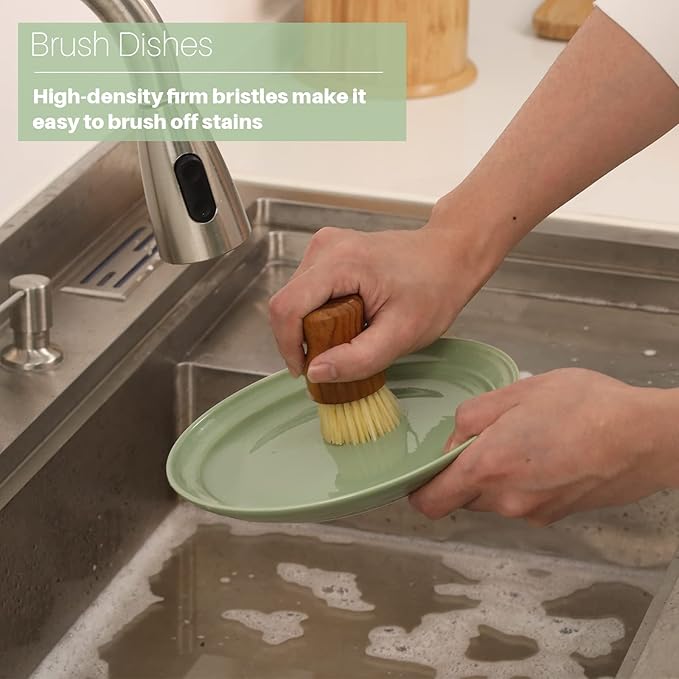 Teak Dish Scrub Brush 2PCS by HTB, Good Grip Small Wooden Dish Brush with Teak Handle & Sisal Bristles for Kitchen, Wood Cleaning Scrubbers Set for Washing Pan/Pot/Vegetable/Fruit