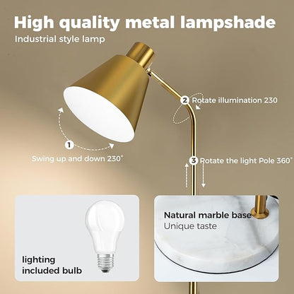Modern Gold Reading Lamps Floor Standing, 12W Dimmable LED Vintage Brass Standing Lamp for Bedroom, Adjustable Heights Antique Brass Tall Floor Lamp, for Reading Home Corner Living Room