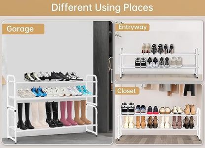 KEETDY 2-Tier Long Shoe Rack for Closet Entryway Shoe Organizer for 18 Pairs Sneakers, Metal Stackable Shoe Storage Shelf with Wire Grid for Bedroom, Floor, White