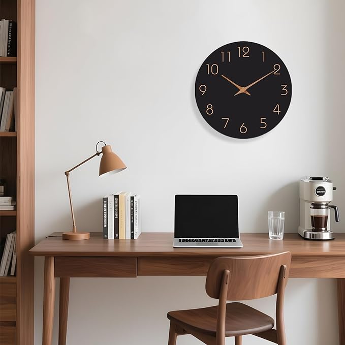 Mosewa Wall Clock Battery Operated 10 Inch Black Silent Non Ticking Simple Minimalist Style Rose Gold Numbers Decorative for Living Room Kitchen Home Office Bathroom