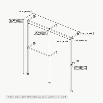 Industrial Pipe Clothing Rack, Heavy Duty Wall Mounted Clothes Rack,Retail Display Hanging Garment Rod for Laundry Rooms, Closet Storage, 14.6x75x82.7 Inches, Model K08 Gold