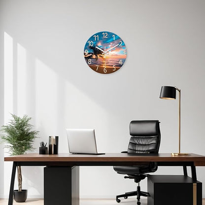 XFM Coastal Blue Clock for Living Room Palm Tree Beach Wall Clock Silent Non-Ticking Glass Big Wall Clock Battery Operated 16 Inch