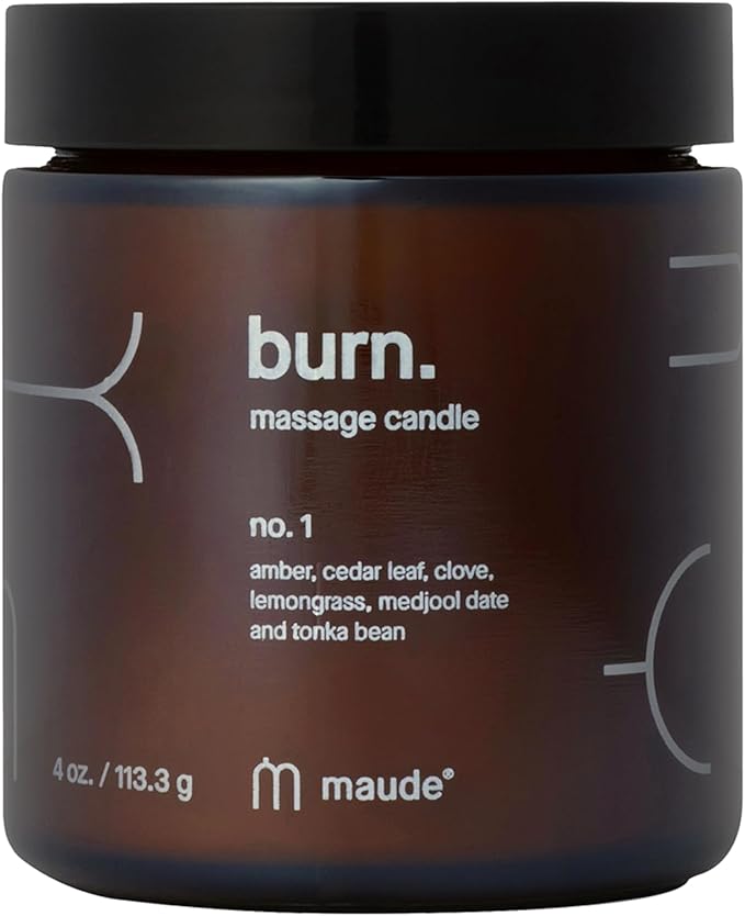 Maude Burn No. 1 - Jojoba Oil Massage Candle with Hydrating, Skin-Softening Soybean Oil - Massage Oil Candle with Notes of Amber, Lemongrass + Tonka Bean - Home + Self Care for Women & Men (4 oz)