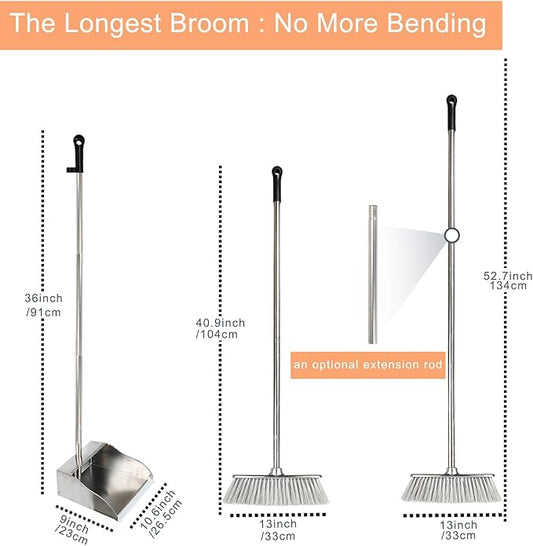 Metal Dustpan with Soft Bristles Broom Heavy Duty Stainless Steel Upright Standing Dust Pan and Broom for Sweeping Indoor Outdoor Home Kitchen Office Lobby Hardwood Floor Cleaning